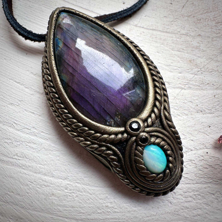 Labradorite Australian Opal and Blue Sapphire Necklace - FairyGardenGlow