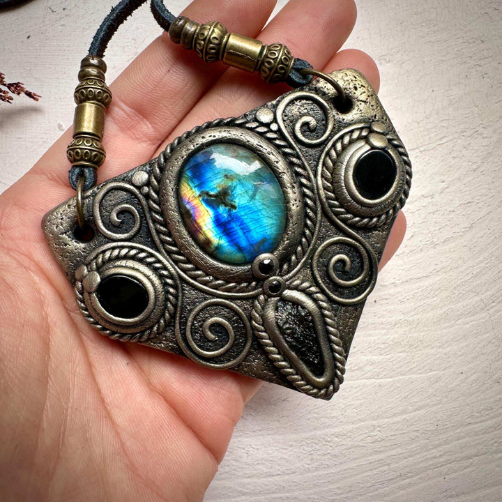 Labradorite Moldavite Black Onyx and Blue Sapphire Necklace - FairyGardenGlow