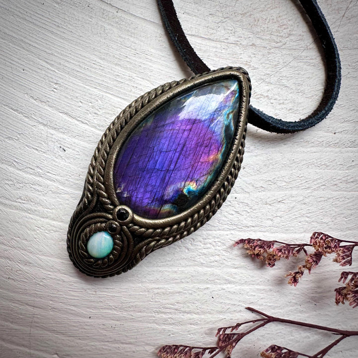 Labradorite Australian Opal and Blue Sapphire Necklace - FairyGardenGlow