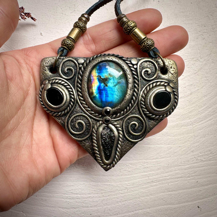 Labradorite Moldavite Black Onyx and Blue Sapphire Necklace - FairyGardenGlow