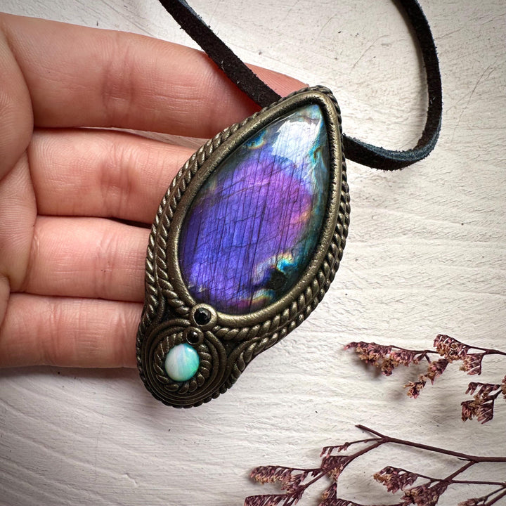 Labradorite Australian Opal and Blue Sapphire Necklace - FairyGardenGlow