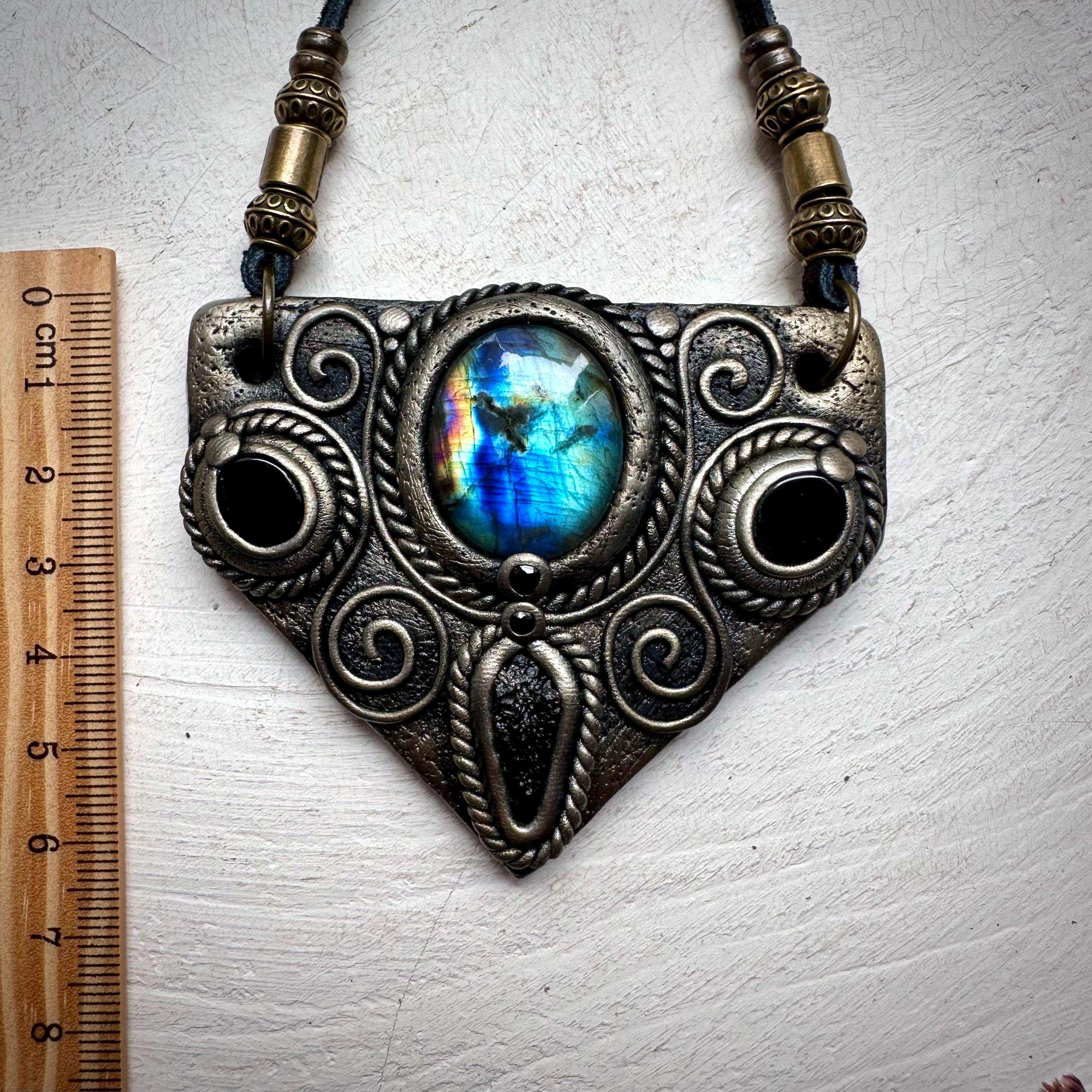 Labradorite Moldavite Black Onyx and Blue Sapphire Necklace - FairyGardenGlow