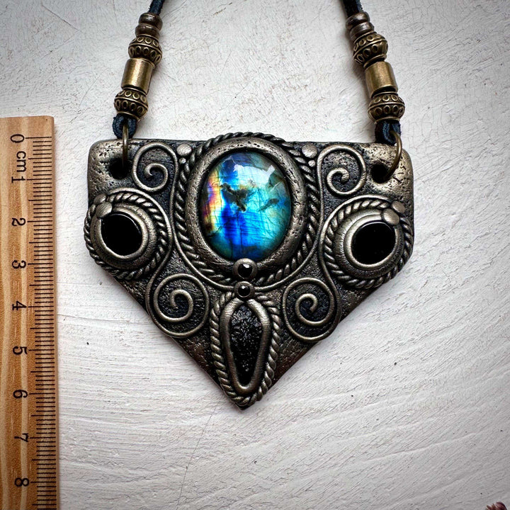 Labradorite Moldavite Black Onyx and Blue Sapphire Necklace - FairyGardenGlow
