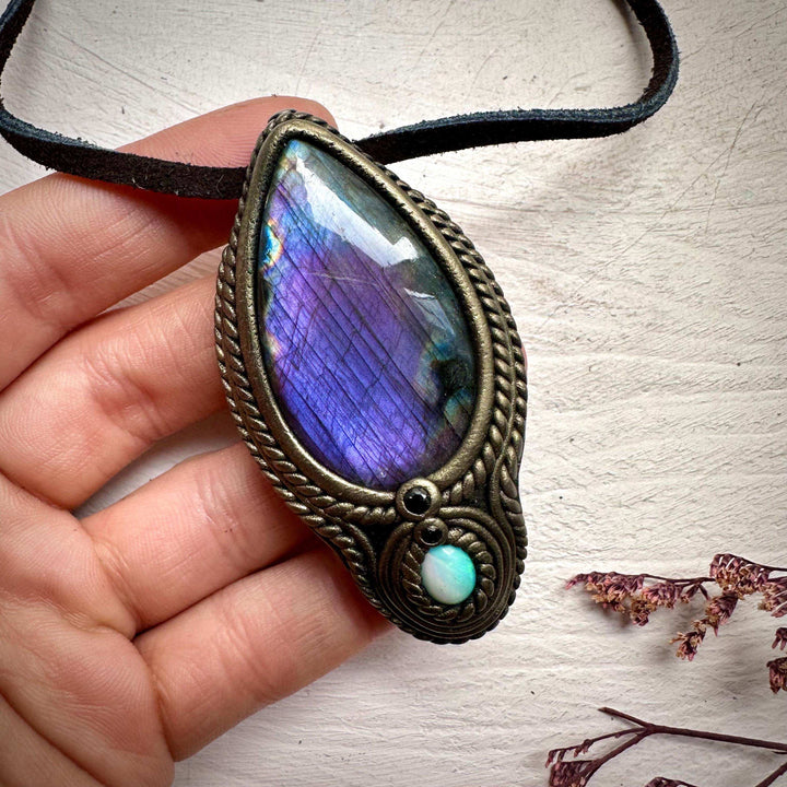 Labradorite Australian Opal and Blue Sapphire Necklace - FairyGardenGlow