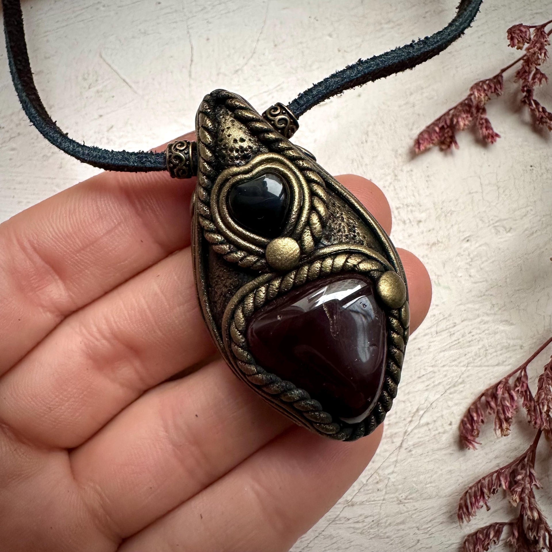 Red Garnet and Black Onyx Heart Necklace - FairyGardenGlow