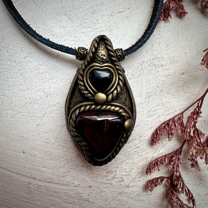 Red Garnet and Black Onyx Heart Necklace - FairyGardenGlow