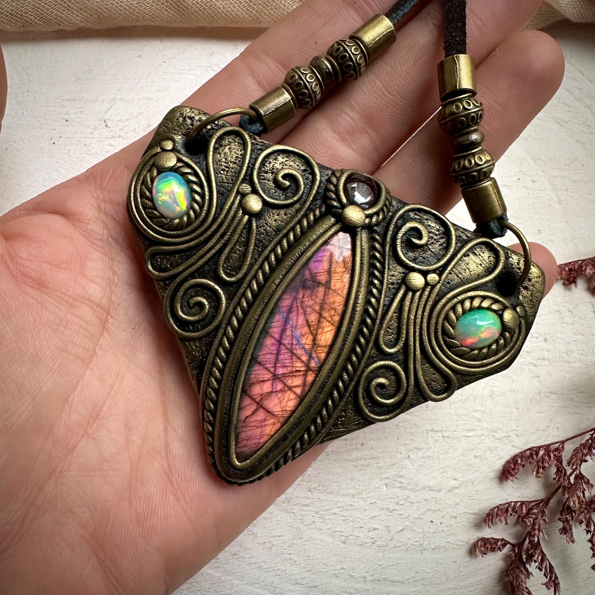Labradorite Garnet and Ethiopian Opal Necklace - FairyGardenGlow