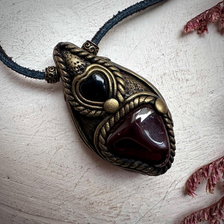 Red Garnet and Black Onyx Heart Necklace - FairyGardenGlow