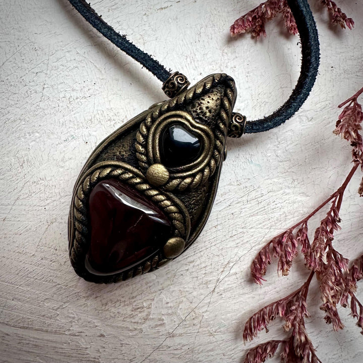 Red Garnet and Black Onyx Heart Necklace - FairyGardenGlow