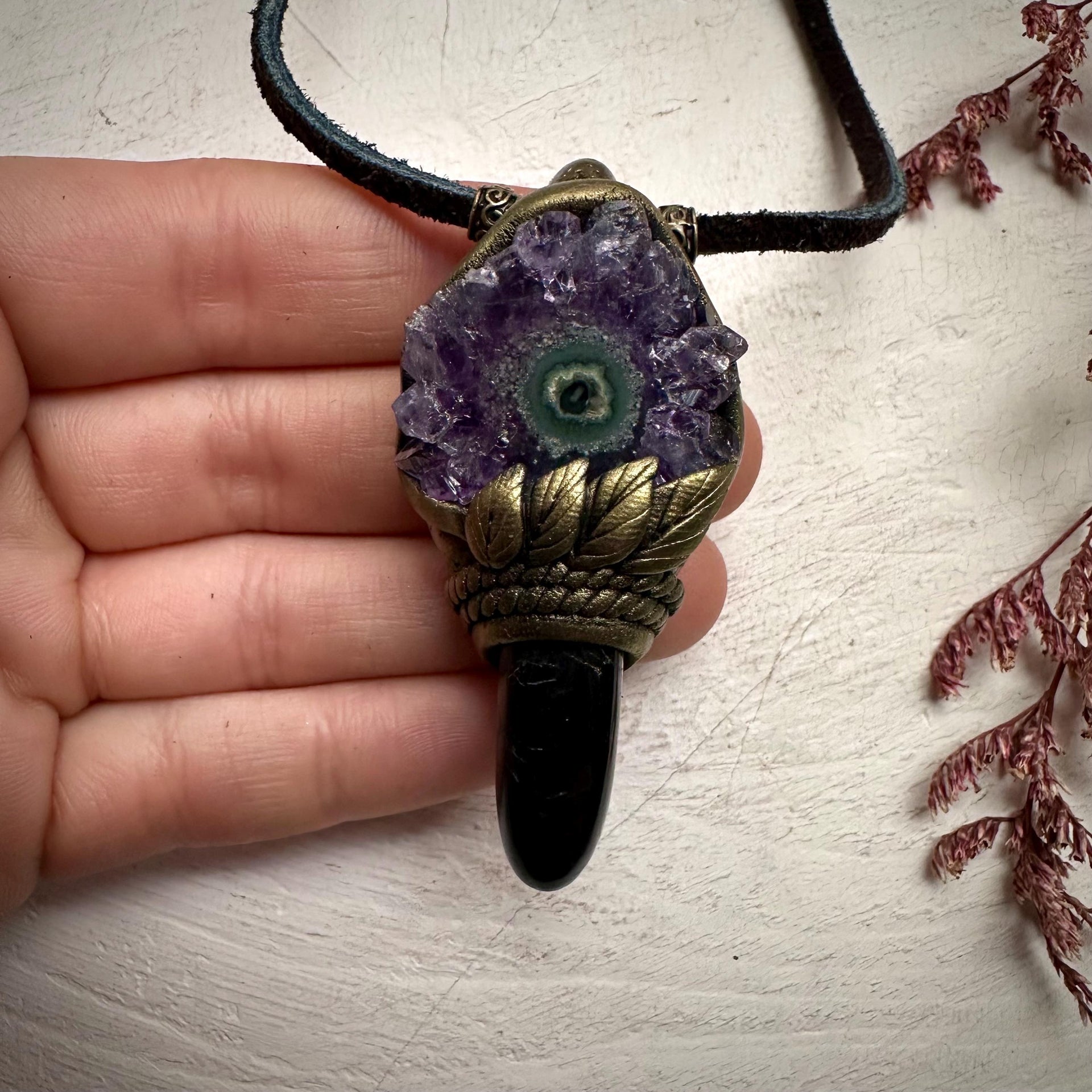 Black Tourmaline and Amethyst Stalactite Necklace - FairyGardenGlow