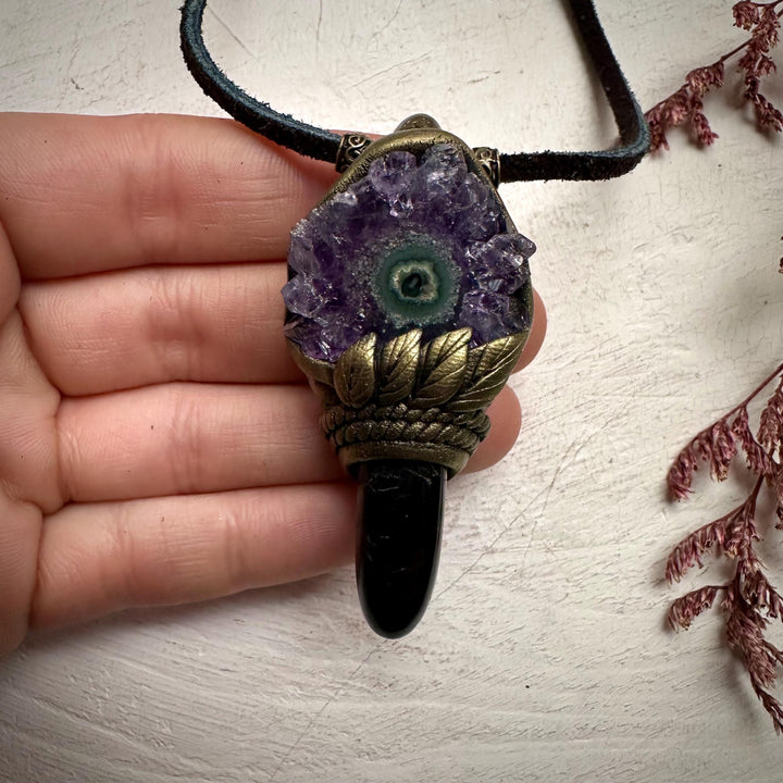 Black Tourmaline and Amethyst Stalactite Necklace - FairyGardenGlow