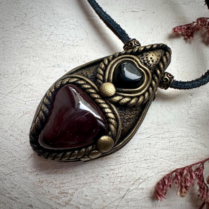 Red Garnet and Black Onyx Heart Necklace - FairyGardenGlow