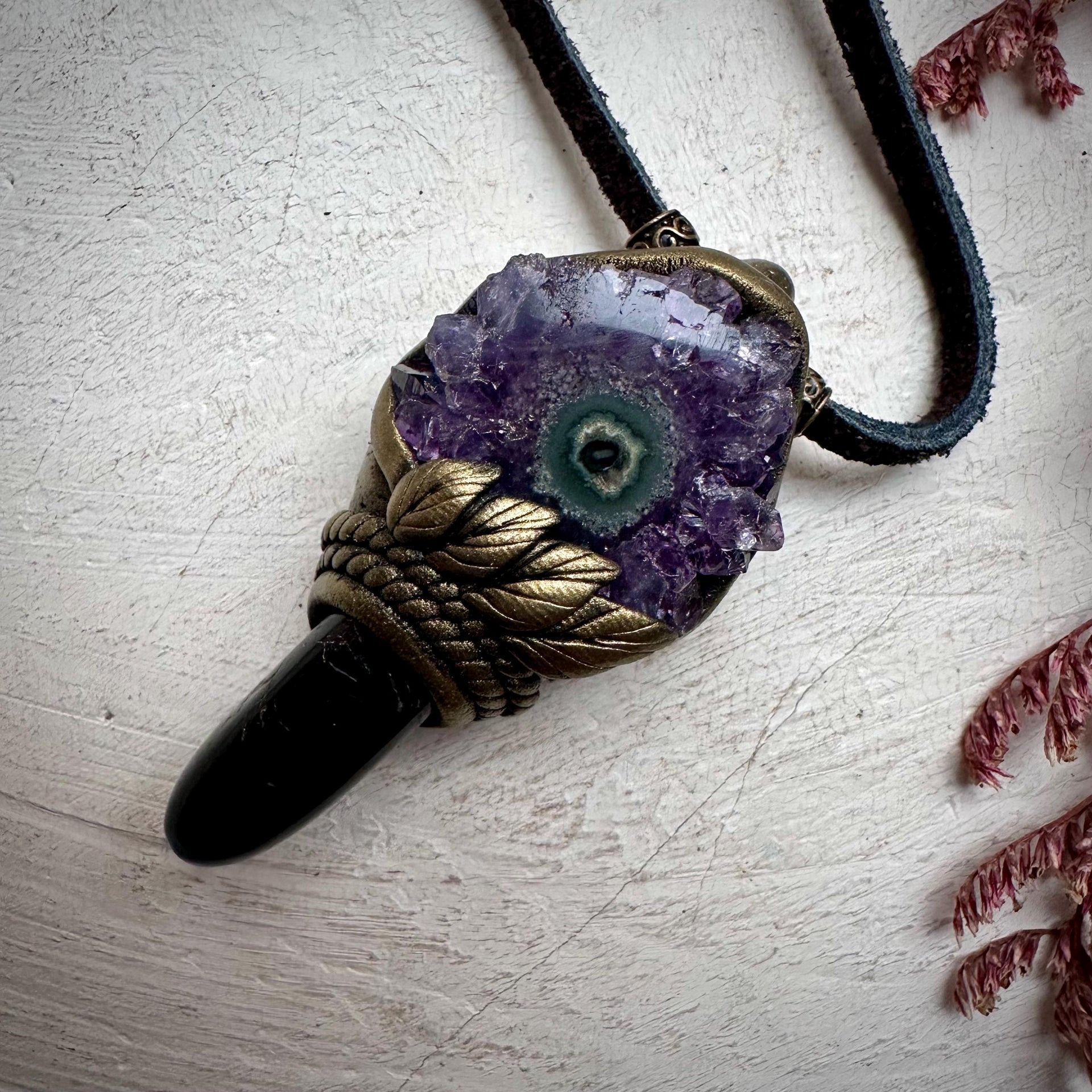 Black Tourmaline and Amethyst Stalactite Necklace - FairyGardenGlow