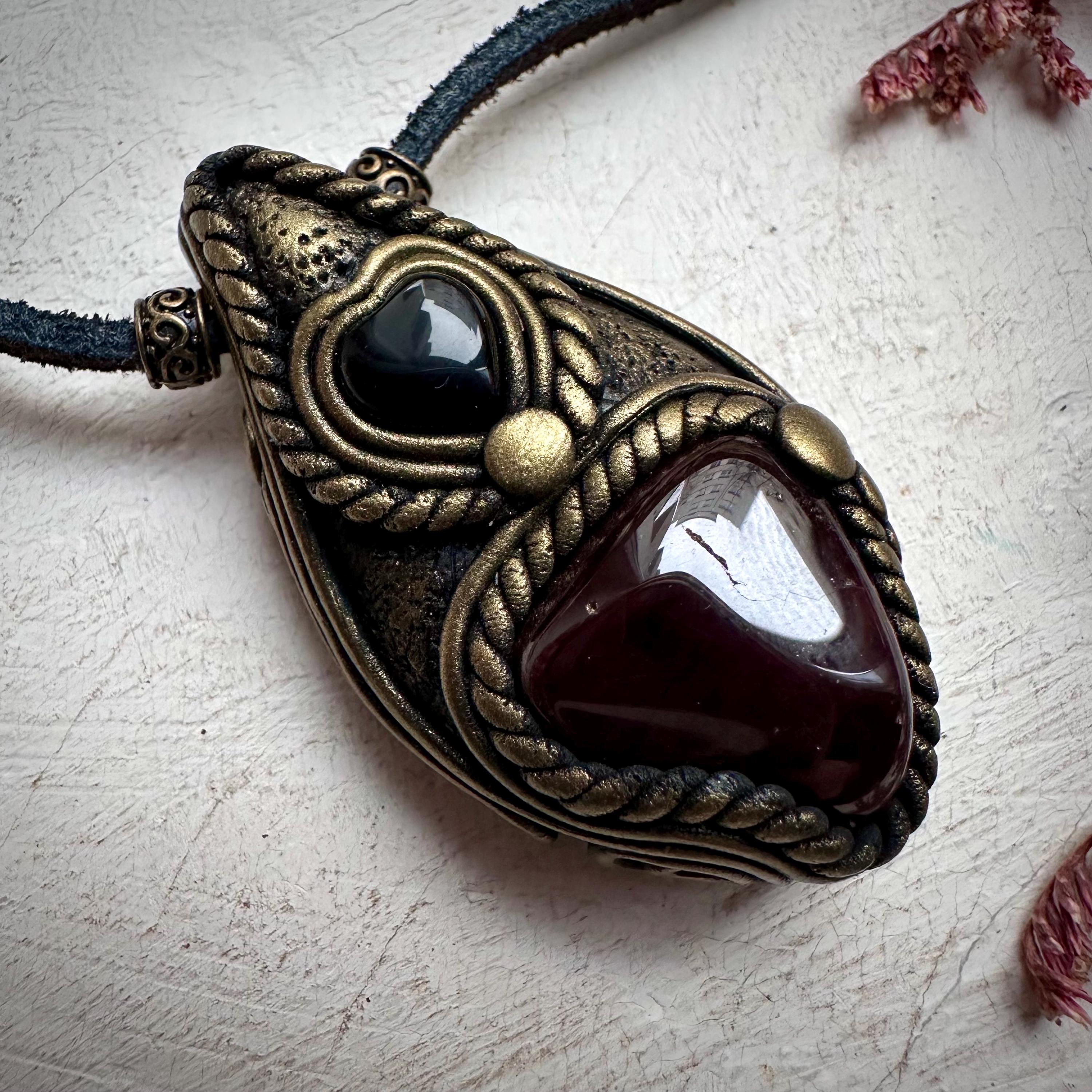 Red Garnet and Black Onyx Heart Necklace - FairyGardenGlow