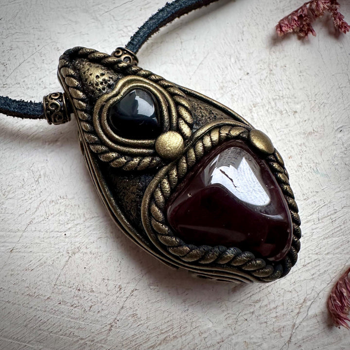 Red Garnet and Black Onyx Heart Necklace - FairyGardenGlow