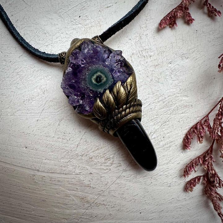 Black Tourmaline and Amethyst Stalactite Necklace - FairyGardenGlow