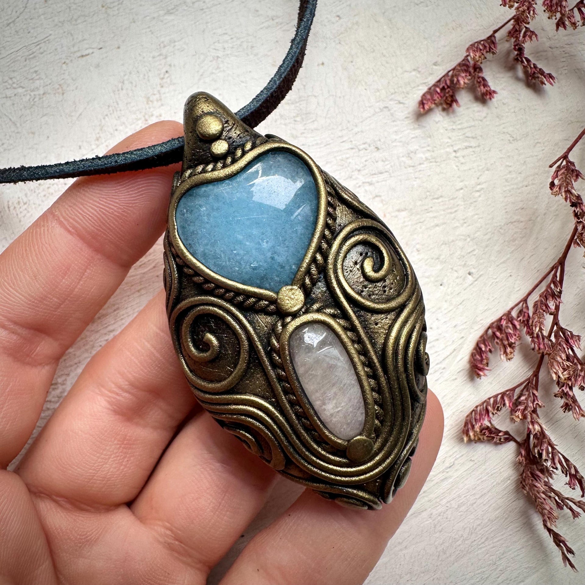 Aquamarine Heart and Morganite Pendant Necklace - FairyGardenGlow