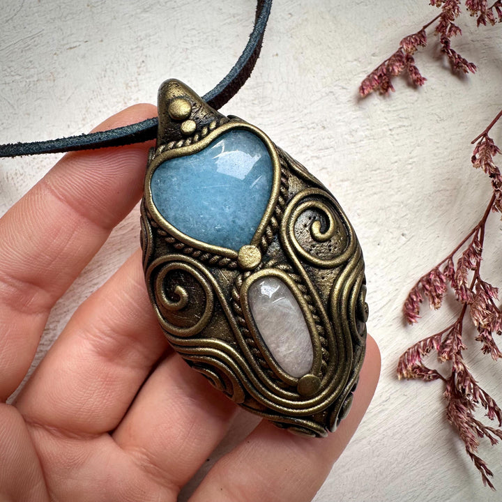 Aquamarine Heart and Morganite Pendant Necklace - FairyGardenGlow