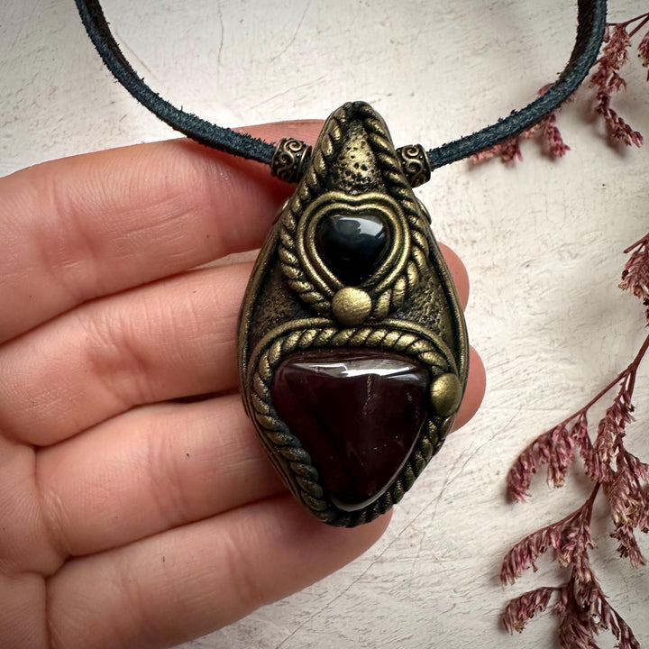 Red Garnet and Black Onyx Heart Necklace - FairyGardenGlow