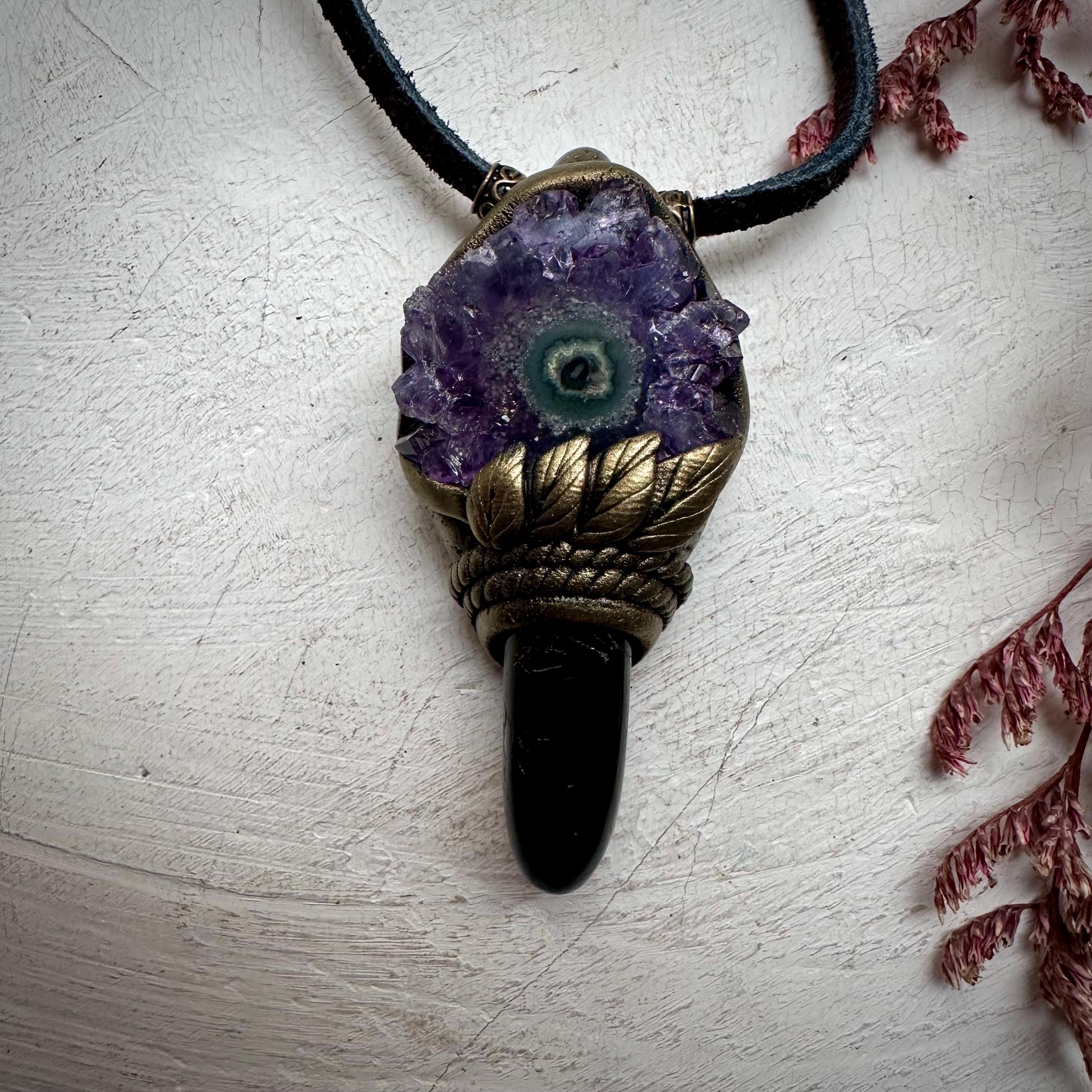 Black Tourmaline and Amethyst Stalactite Necklace - FairyGardenGlow