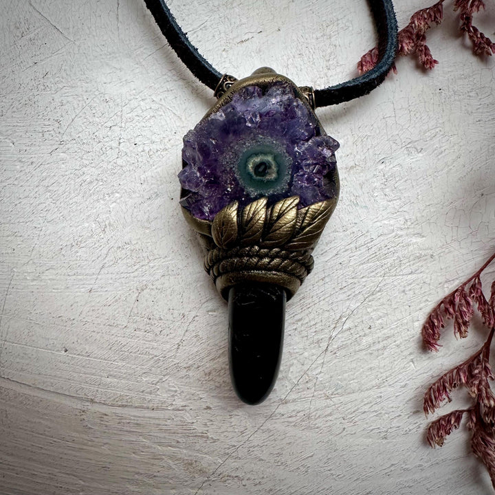 Black Tourmaline and Amethyst Stalactite Necklace - FairyGardenGlow