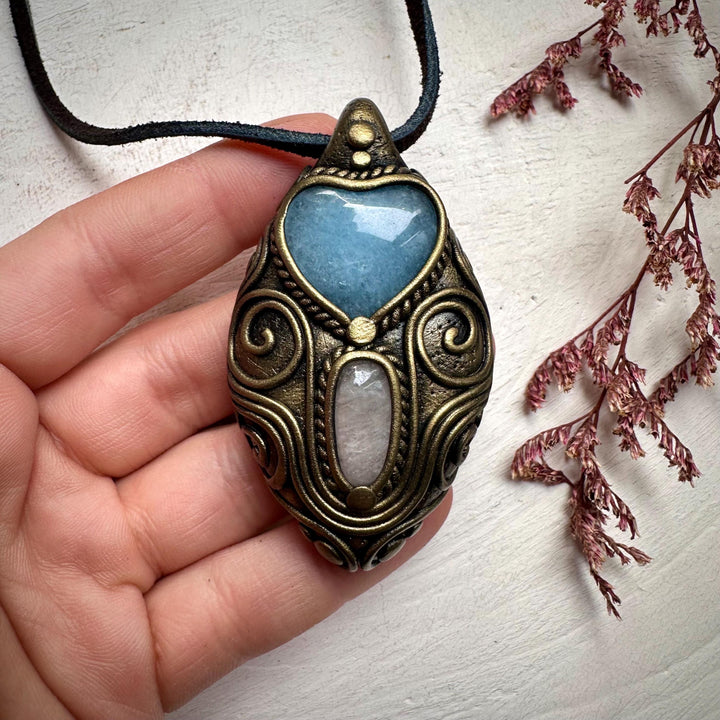 Aquamarine Heart and Morganite Pendant Necklace - FairyGardenGlow