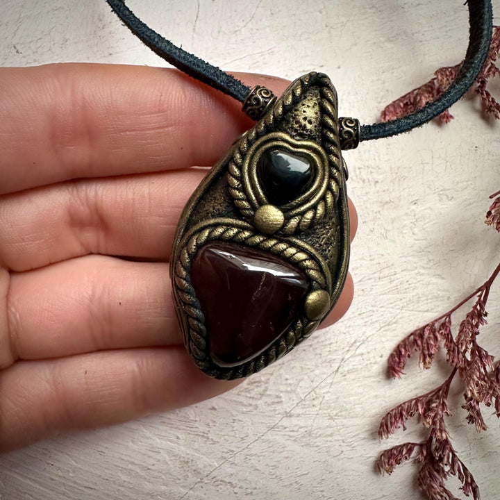 Red Garnet and Black Onyx Heart Necklace - FairyGardenGlow