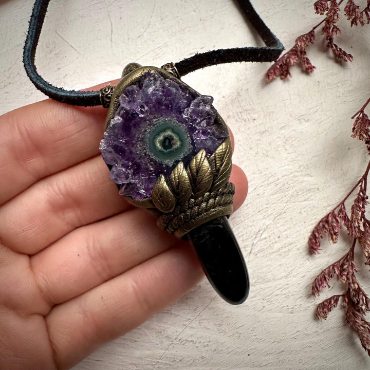 Black Tourmaline and Amethyst Stalactite Necklace - FairyGardenGlow