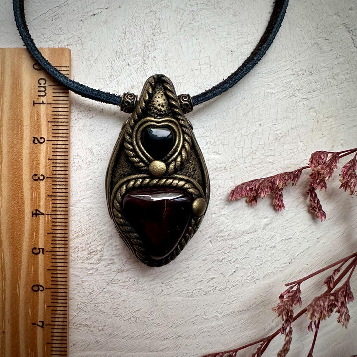 Red Garnet and Black Onyx Heart Necklace - FairyGardenGlow