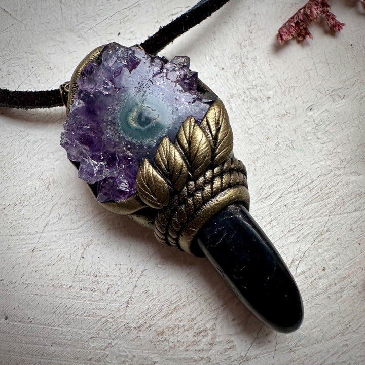 Black Tourmaline and Amethyst Stalactite Necklace - FairyGardenGlow