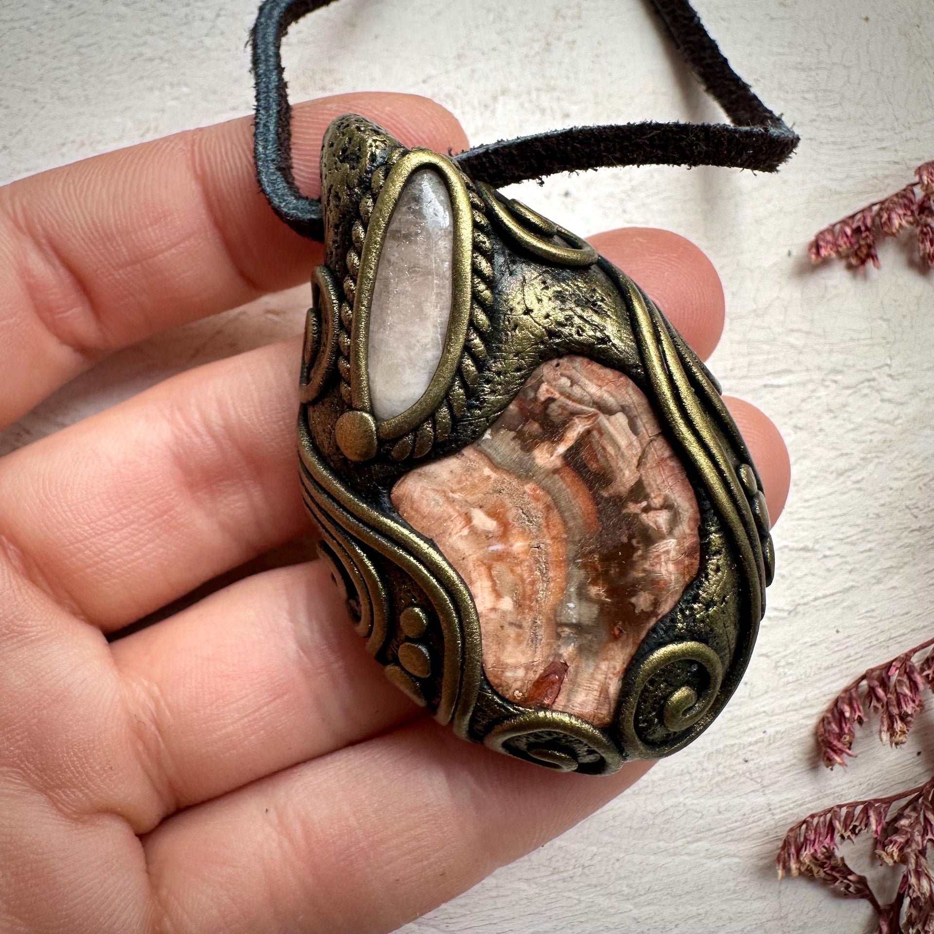 Petrified Wood and Morganite Necklace - FairyGardenGlow