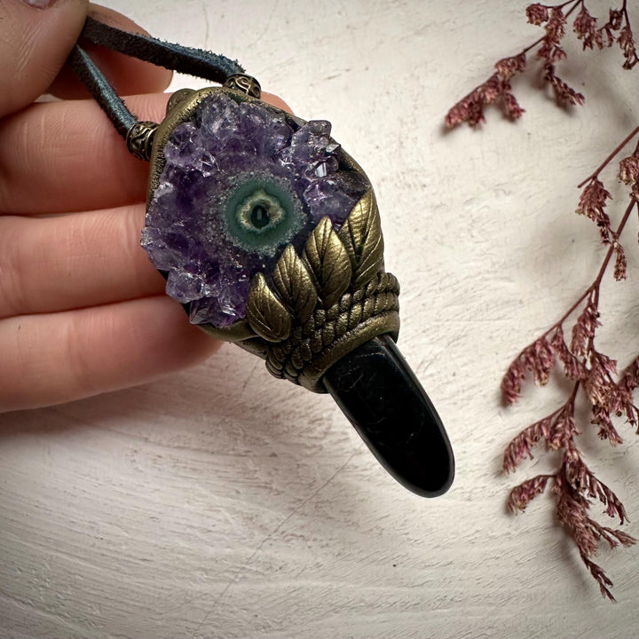 Black Tourmaline and Amethyst Stalactite Necklace - FairyGardenGlow