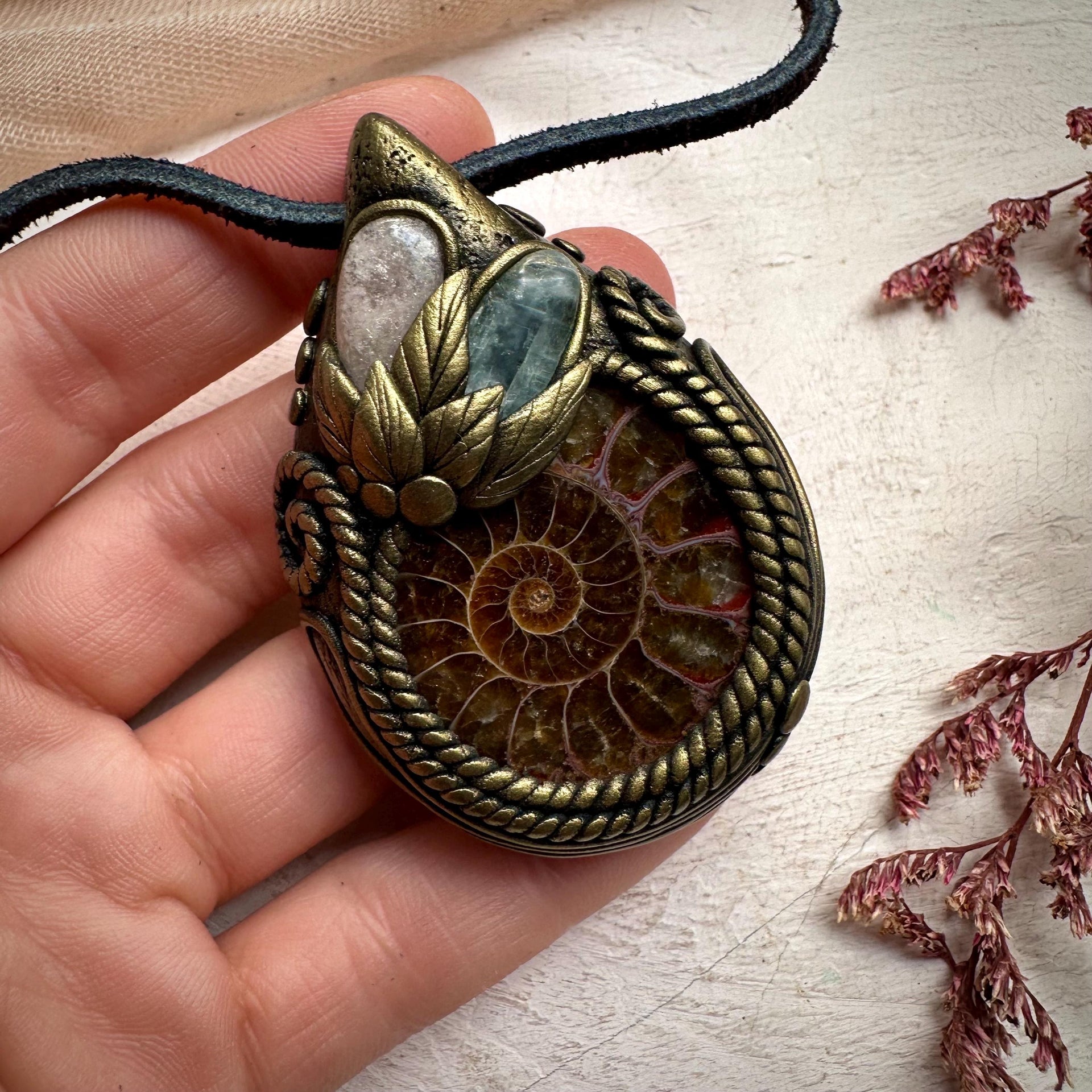 Ammonite Green Kyanite and Morganite Necklace - FairyGardenGlow