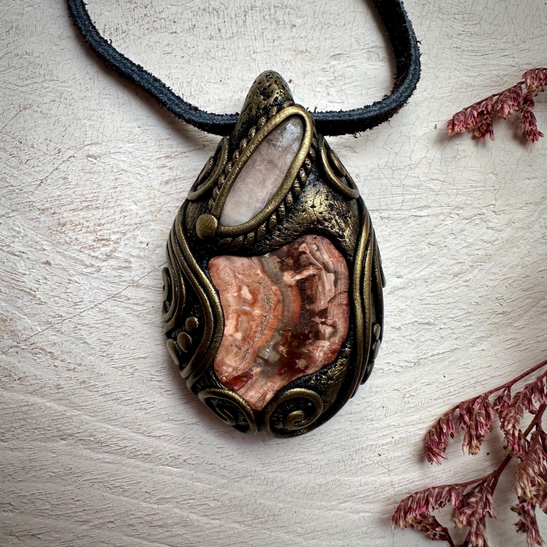 Petrified Wood and Morganite Necklace - FairyGardenGlow