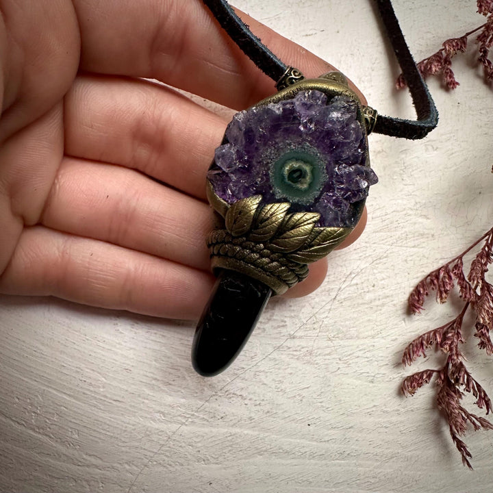 Black Tourmaline and Amethyst Stalactite Necklace - FairyGardenGlow