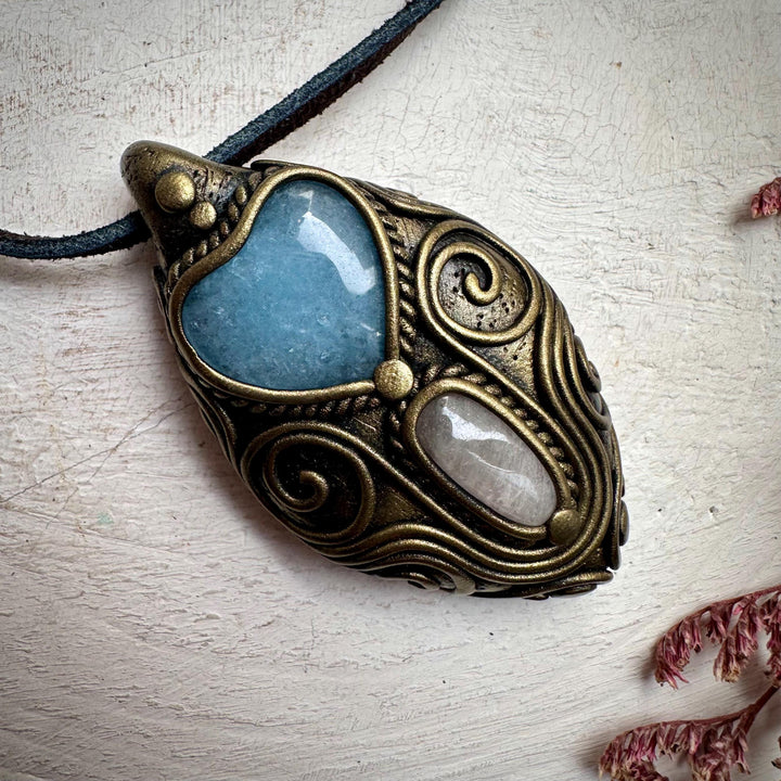 Aquamarine Heart and Morganite Pendant Necklace - FairyGardenGlow