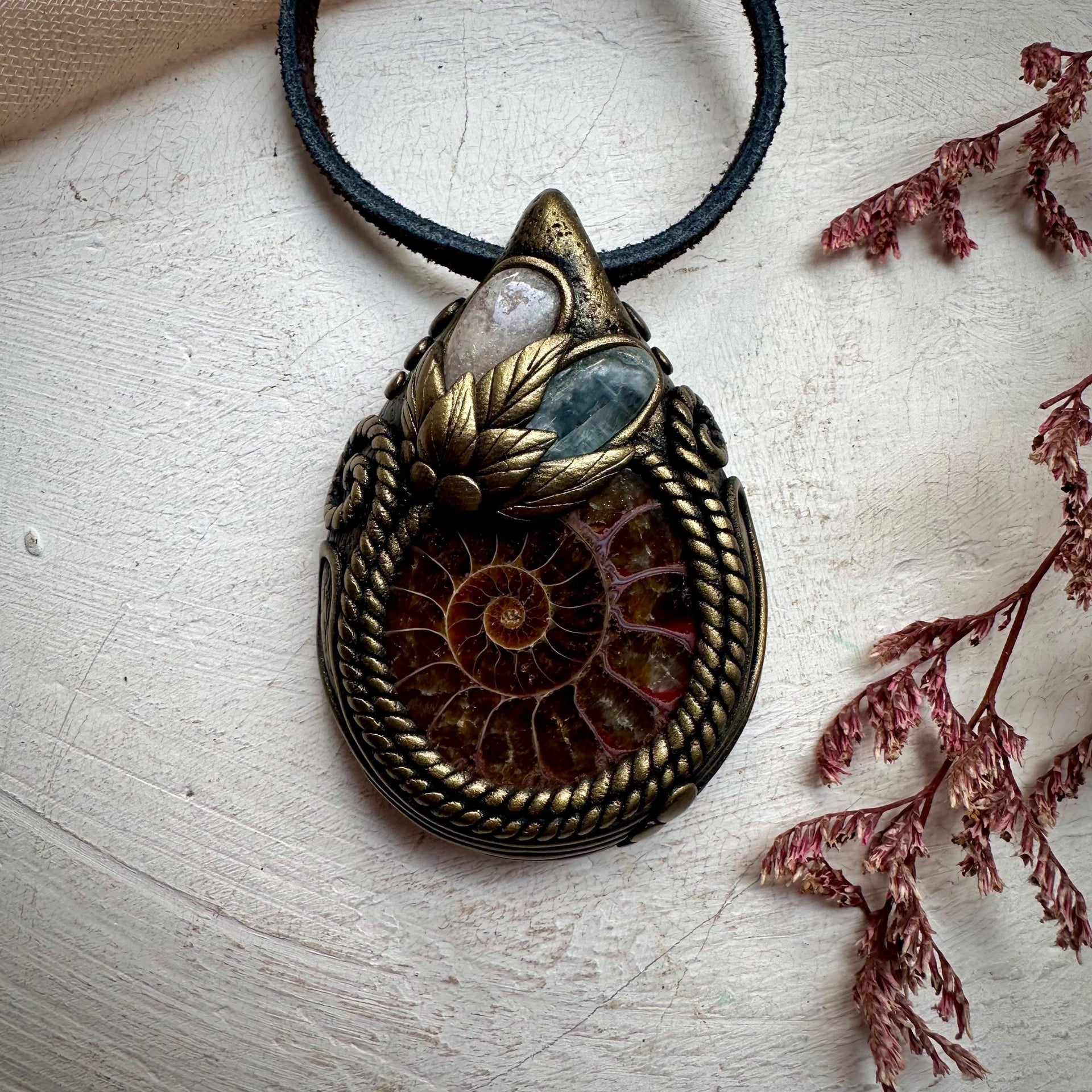 Ammonite Green Kyanite and Morganite Necklace - FairyGardenGlow