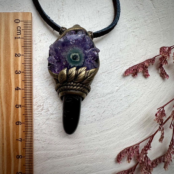 Black Tourmaline and Amethyst Stalactite Necklace - FairyGardenGlow
