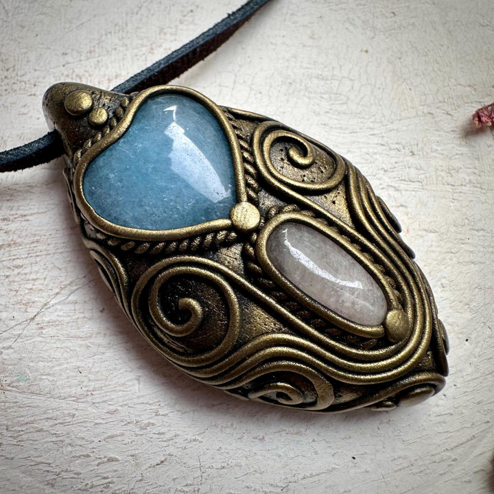 Aquamarine Heart and Morganite Pendant Necklace - FairyGardenGlow