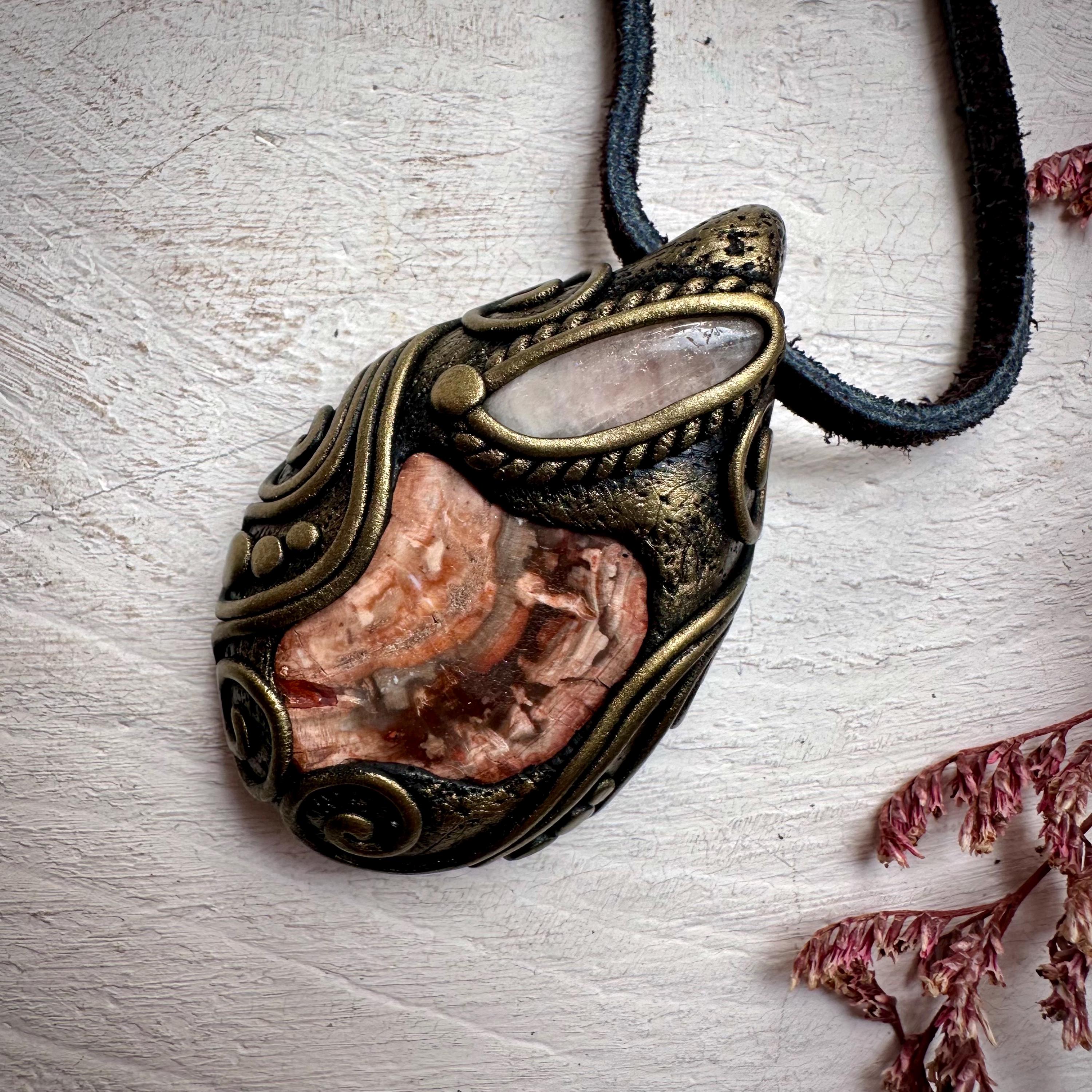 Petrified Wood and Morganite Necklace - FairyGardenGlow