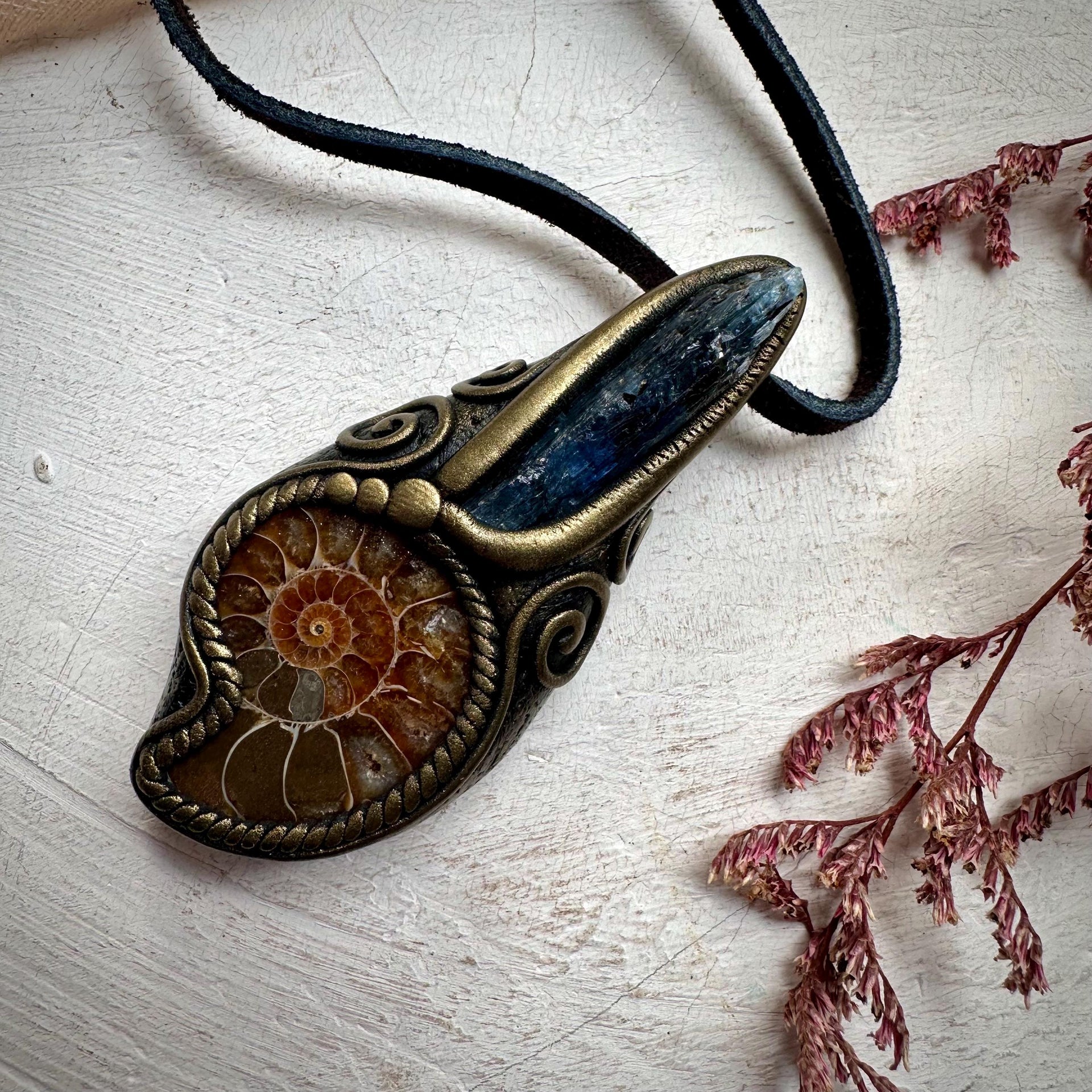 Ammonite and Blue Kyanite Necklace - FairyGardenGlow