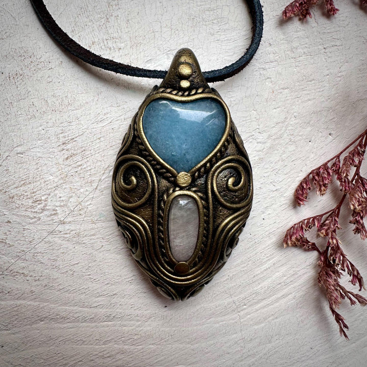 Aquamarine Heart and Morganite Pendant Necklace - FairyGardenGlow
