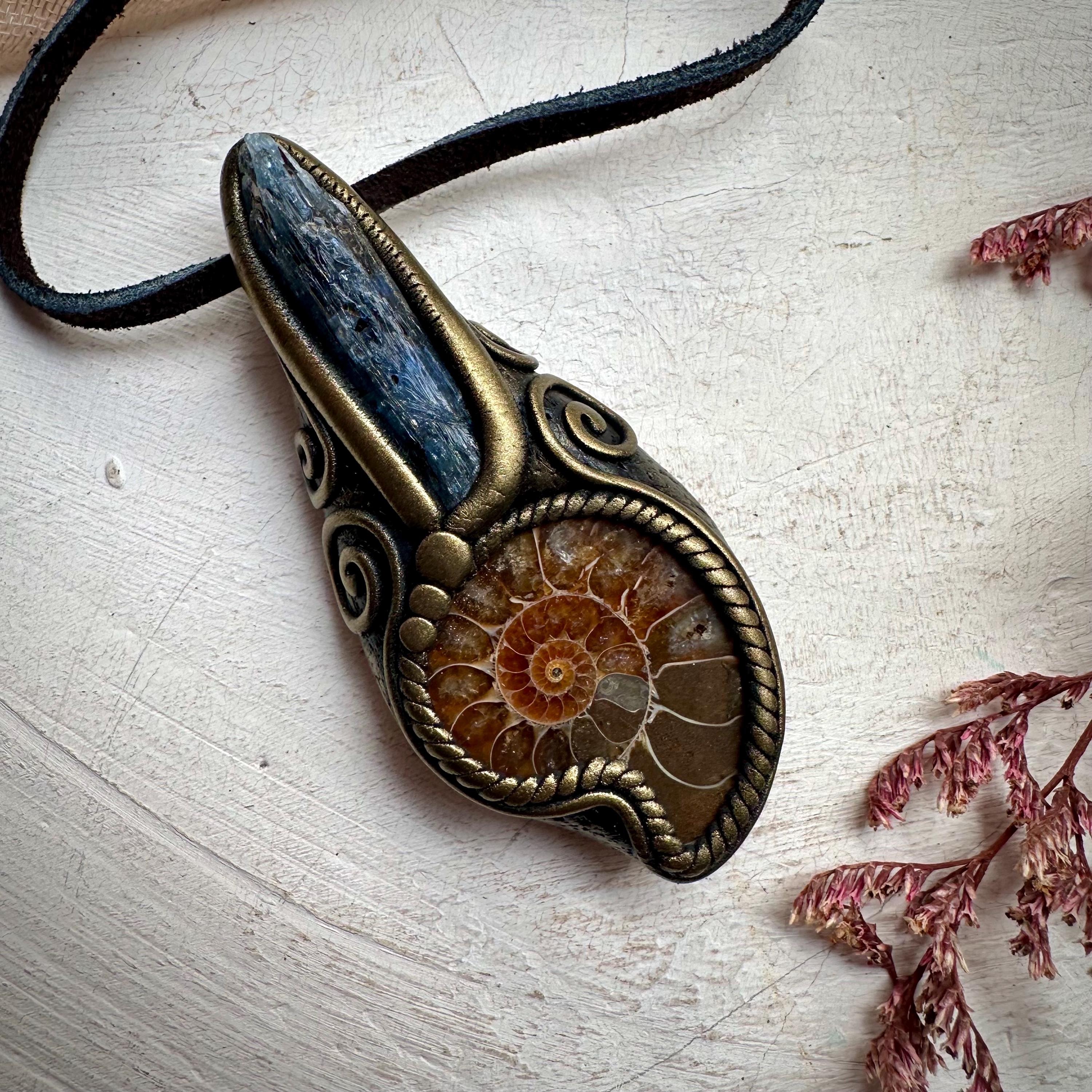 Ammonite and Blue Kyanite Necklace - FairyGardenGlow