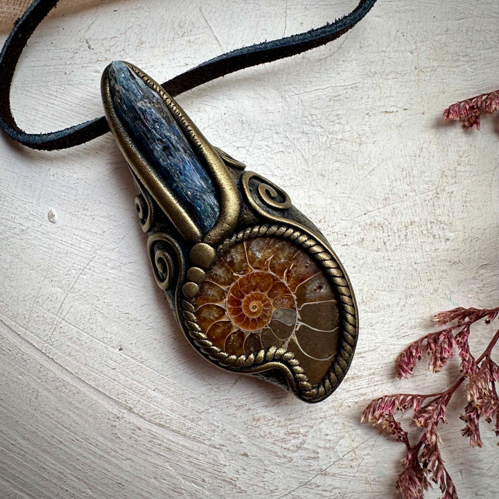 Ammonite and Blue Kyanite Necklace - FairyGardenGlow