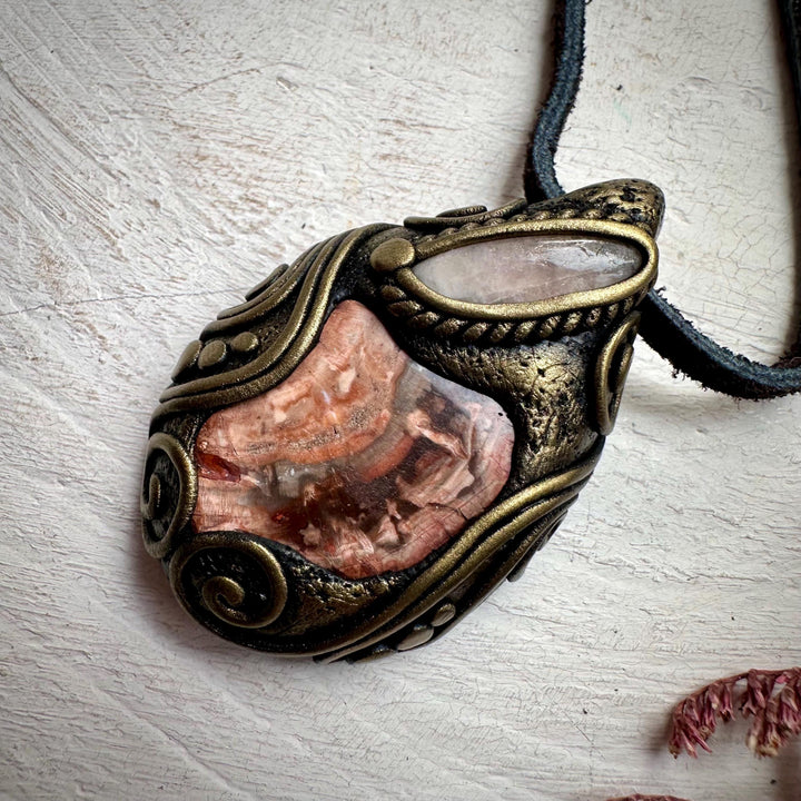 Petrified Wood and Morganite Necklace - FairyGardenGlow