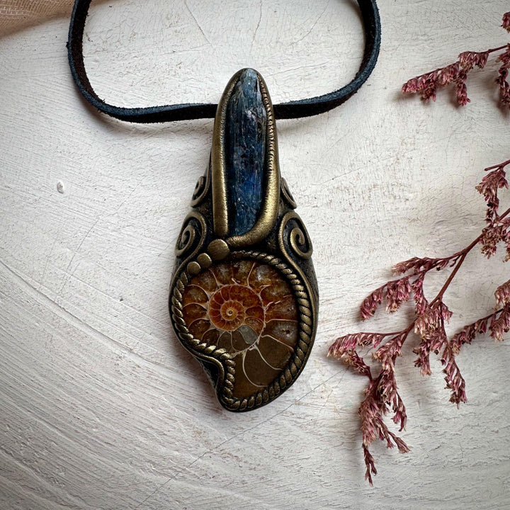 Ammonite and Blue Kyanite Necklace - FairyGardenGlow