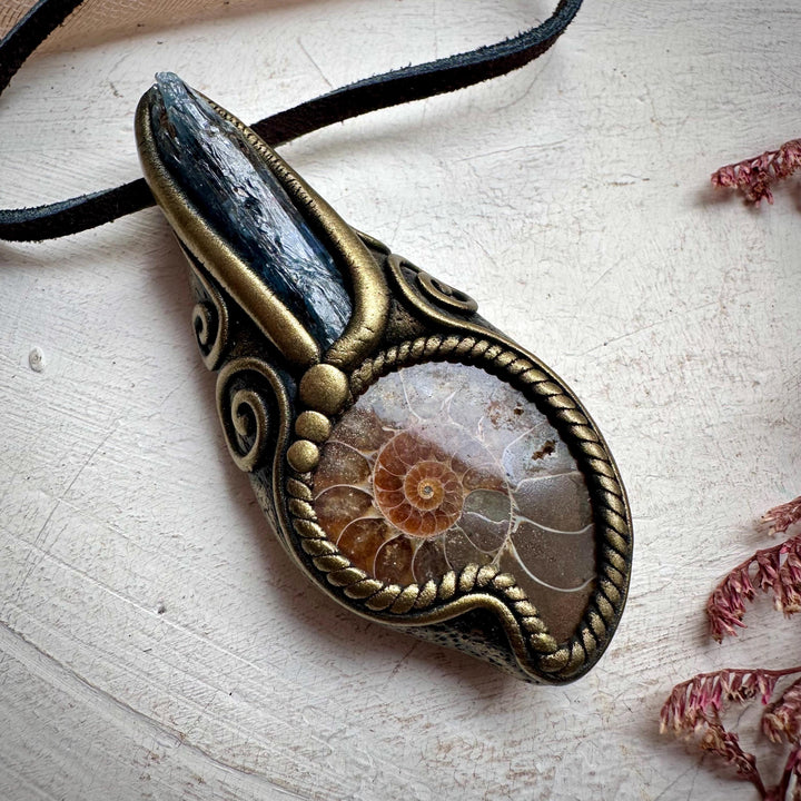 Ammonite and Blue Kyanite Necklace - FairyGardenGlow