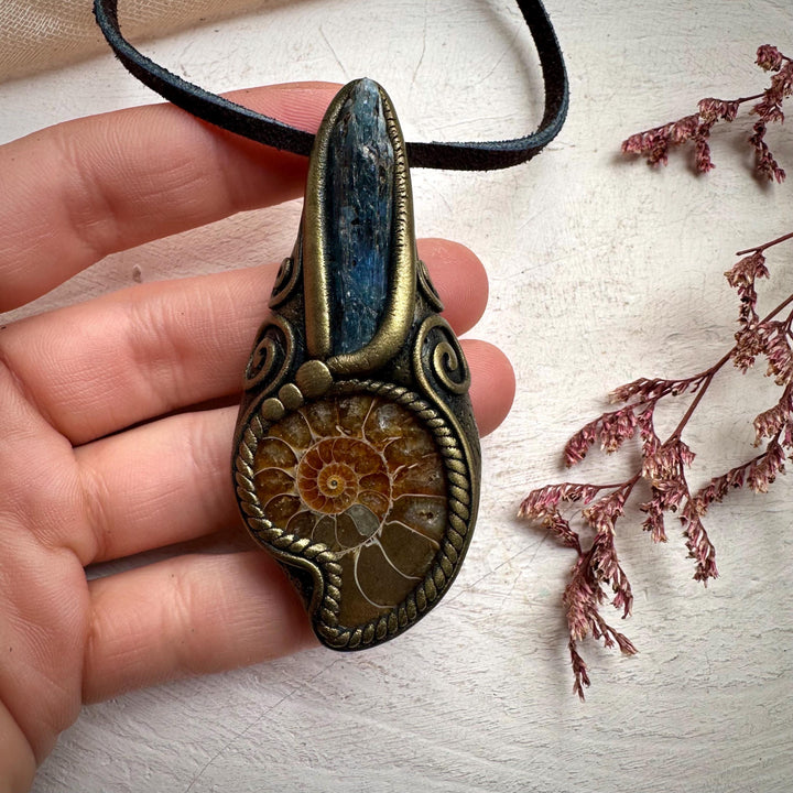 Ammonite and Blue Kyanite Necklace - FairyGardenGlow
