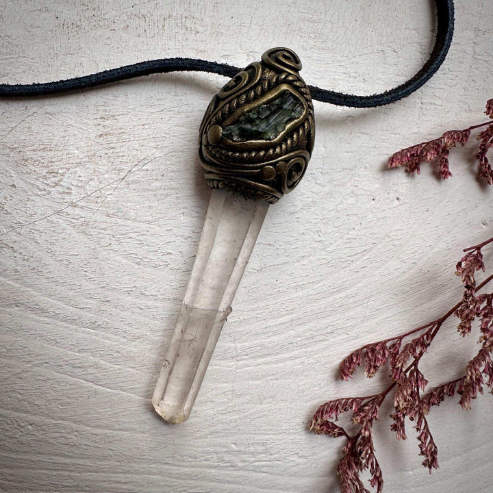 Lemurian Seed Quartz and Moldavite Pendant - FairyGardenGlow