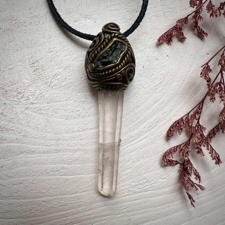 Lemurian Seed Quartz and Moldavite Pendant - FairyGardenGlow